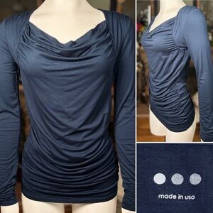 Three Dots Navy Blue Stretch Long Sleeve Cowl Neck Top w/ Ruching, Sz S